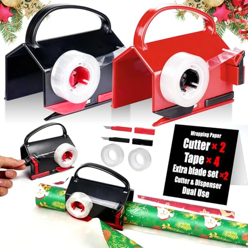2-in-1 Wrapping Paper Cutter & Tape Dispenser - Sliding Gift Wrap Roll Cutter Tool with 4 Tapes & Replacement Blades - Safe & Precise Cutting for Christmas, Birthday, Crafts & Office