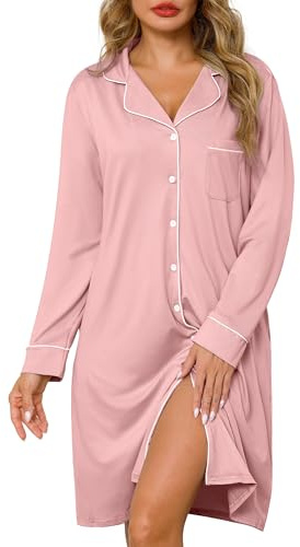Lovasy Camicia da Notte in Cotone Donna Inverno Maniche Lunghe | Abito da Notte Allattamento con Scollo a V Pigiama Vestaglia Bottoni Davanti con Tasche