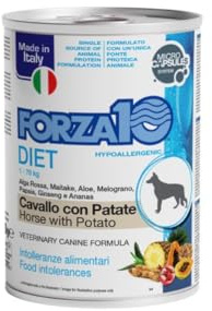 Forza 10 Diet Umido Cane gusto CAVALLO con PATATE, alimento completo monoproteico per cani adulti di tutte le taglie e razze | 6 scatolette da 400 grammi l'una.