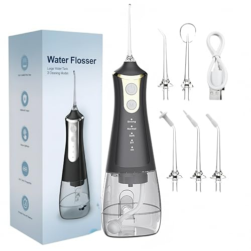 Luxecare Luxe Water Dental Flosser for Teeth Cleaning, 300ml Tank Rechargeable Water Oral Irrigator Remover with 5 Jet Tip and 3 Modes, Electric Tooth Flosser Ideal for Braces, Gum Care (Black)
