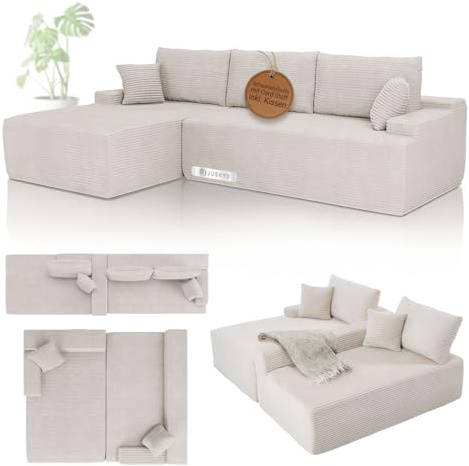 Juskys Sofa Coredo - modernes Cord Sofa mit Ottomane rechts, gemütliche Couch mit Schaumstoffpolsterung, Cordbezug & Kissen, modular - Beige
