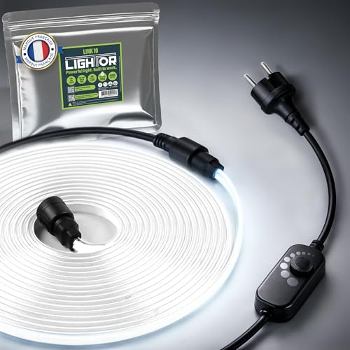 Lightor® Link 10 – Ruban LED de chantier 220V COB 10m 6500K Blanc Froid – Lumière continue, variateur intégré, extensible sans outil – Kit complet IP65 intérieur/extérieur