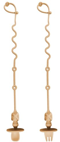 4PK Baby Spoon and Fork with Holder Straps for Kids Aged 6+ Months Self Feeding, No Throw Toddler Travel Essential Leash for High Chair or Bib or Wrist, Silicone Baby Led Weaning Supplies (Beige)