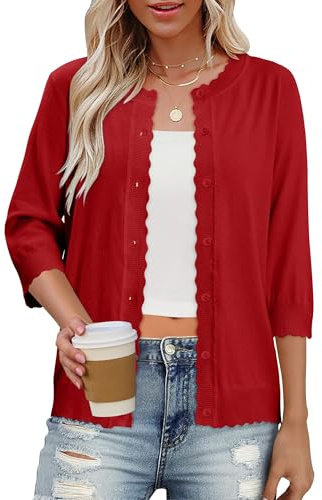 KISSMODA Womens Casual Cardigans 3/4 Sleeve Crew Neck Button Down Knit Jumpers Scalloped Shrugs Cardigan Lightweight Trendy Basic Sweater Red