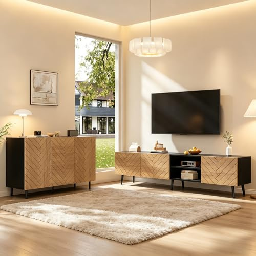 MAMAINI Mueble de TV y aparador, 180 x 33,5 x 45 cm + 120 x 40 x 76 cm, de madera aglomerada con aspecto de madera para salón, natural