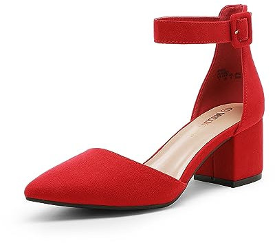 DREAM PAIRS Womens Low Mid Block Heels Mary Jane Ladies Ankle Strap Court Shoes Sandals Annee Red Suede Size 10 US/ 8 UK