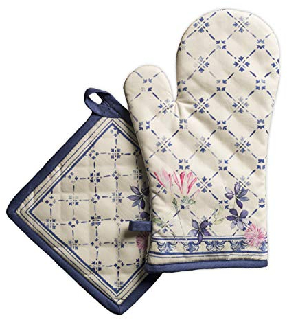 Maison d' Hermine Faience Ensemble de Gants de Four de (19cm x 33cm) et maniques de (20cm x 20cm), 100% Coton, pour Barbecue, Cuisson, Four, Micro-Ondes, grillades, Printemps/été, Pâques