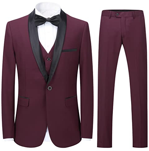 Sliktaa Trajes para Hombre 3 Piezas Slim Fit Boda Formal Traje de Cena Negro Azul Marino Vino Rojo Un botón con Muesca Solapa Esmoquin Blazer Chaqueta Chaqueta y Pantalones