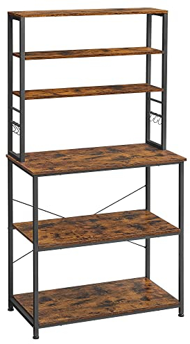 VASAGLE EstanterÍa de Cocina, EstanterÍa de PanaderÍa, 6 Estantes y 6 Ganchos, para Microondas, Marco de Acero, Industrial, 40 x 80 x 167 cm, MarrÓn RÚstico y Negro KKS019B01