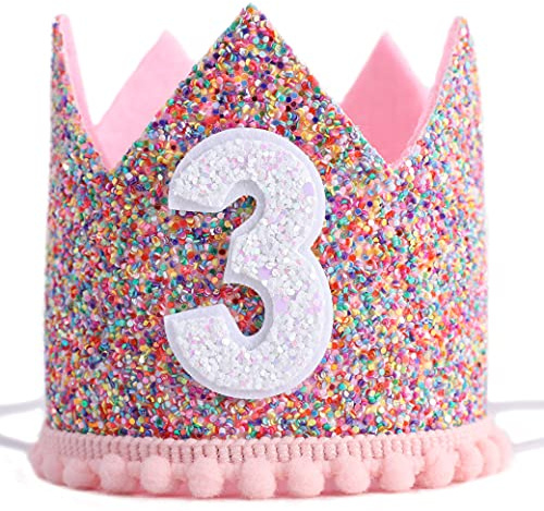 WAHAWU Rainbow Crown for 3rd Birthday Party- Glitter Birthday Crown, Birthday Hats, Birthday Photo Props, Crown Birthday Decoration, Hair Accessories Party