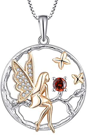 FJ Collar Ángel de la Guarda Plata de Ley 925 Colgante Árbol de la Vida Collar Hada Mariposa con Enero Piedra de Nacimiento Granate Joyas Regalos para Mujer Niña