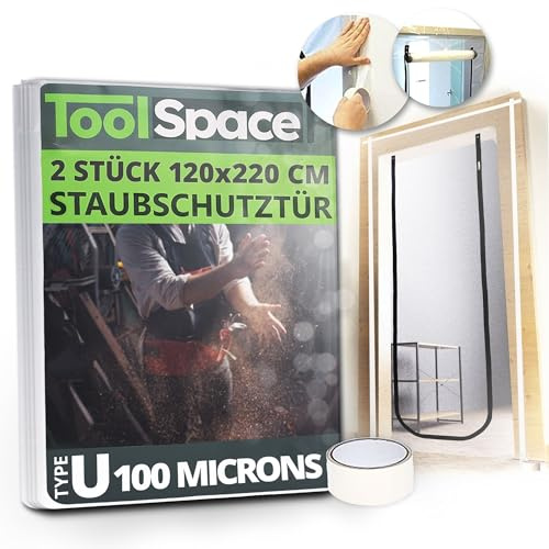 ToolSpace Dammskyddsdörr med dragkedja 220 x 120 cm typ U – enkel installation, återanvändbar och hållbar – Perfekt för renoveringar – Skyddar mot damm, smuts och färgstänk | 2 stycken
