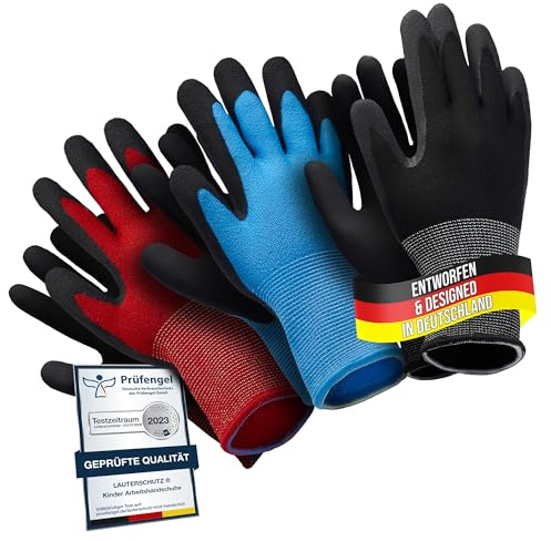 LAUTER SCHUTZ ® för barn: 3 par arbetshandskar (med handflata beläggning) av stretchigt tyg, för trädgårdsarbete med mera (storlek S (2–4 år))