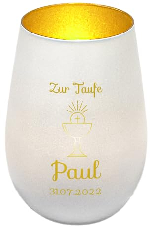Windlicht mit Gravur zur Taufe | Weiß/Gold | Motiv Kelch | Geschenk zur Taufe Junge Mädchen | Tischdeko und Taufgeschenk personalisiert | Kerzenhalter | Teelichtglas | Teelichthalter