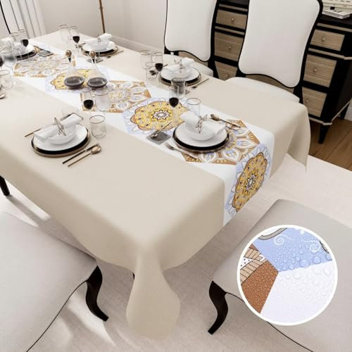 HiBeauty PRO Mantel Rectangular, 140 x 240 cm, Bohemia Crema, Impermeable, Mantel para Interior y Exterior, para Comedor, Jardín y Camping