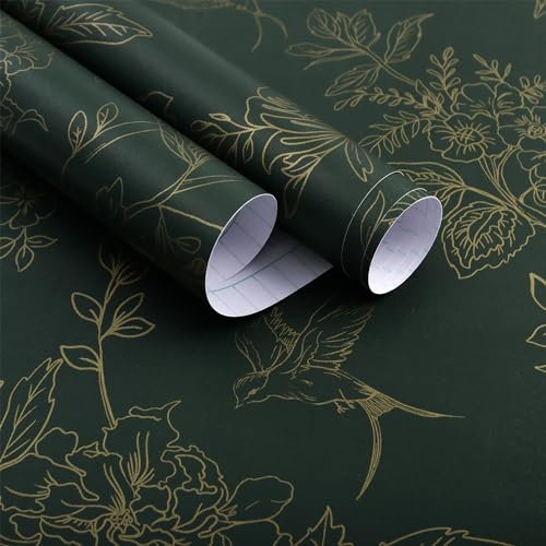 Froluya Dark Green and Gold Wallpaper Floral Peel and Stick Wallpaper 17.7x118.1 Vintage Floral Contact Paper Peel and Stick Flowers Birds Removable Self Adhesive Wall Paper for Bedroom Cabinets