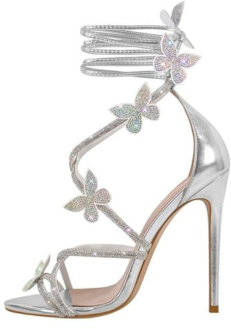 blingqueen Sandali con glitter a spillo con farfalla, argento, 46 EU