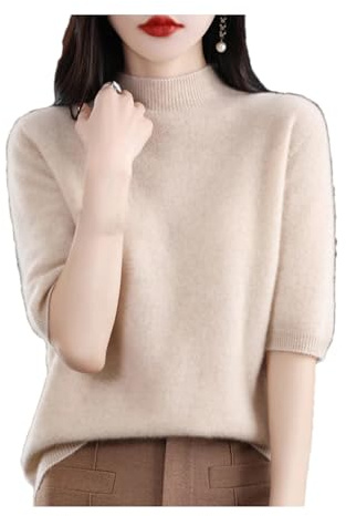 Maglione Moda Donna Mezza Manica Corta in Lana Merino Basic con Collo A Lupetto Lavorato A Maglia in Cashmere Beige M