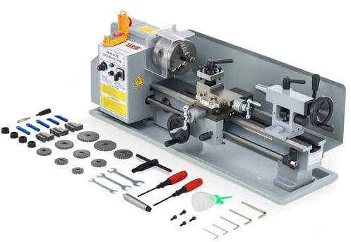 CREWORKS Torno de Metal 180X350MM 550W con Mandril de 3 Mordazas Torno para Metal de Sobremesa con Velocidad 2500 rpm Torno de Metal para Torneado de Metales