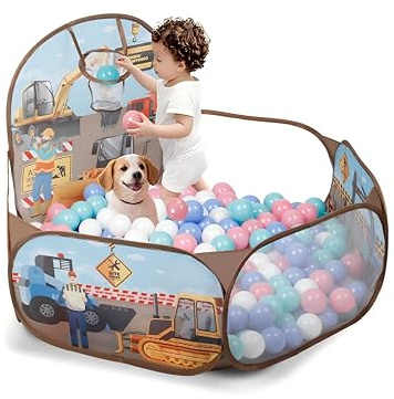 ZimiTeda Excavadoras Piscina de Bolas para niños pequeños con aro de Baloncesto Plegable Pop-up Piscina de Bolas Bebe niñas niños Juego Interior Exterior Piscina para Perros Pelotas NO Incluidas