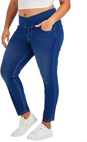 LaiEr Mujer Skinny Jeans V Cruzada de Cintura Alta Barriga Casual Fitness Leggings, Soft Stretch Casual Faux Denim Print Laterales Adecuado para Deportes y Ocio,con Bolsillos.Azul Oscuro,XXL