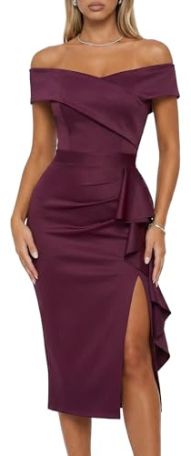 CurvySweet Women's Off the Shoulder Ruched Midi Dress with Built-in Bra Burgundy