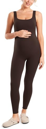 MOMANDA Maternity Jumpsuit Workout Romper for Pregnancy Seamless Leggings Bodysuit Sleeveless Square Neck Tank Top Hot Fudge Brown Small