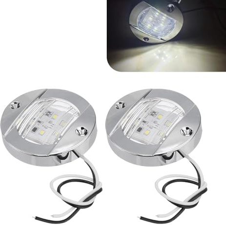 Zikefest 2PCS LED Marine Boat Courtesy Lights, 3 Inch Stainless Steel Round Interior Light, 12V IP67 Waterproof Boat Navigation Lamps, Deck Lamps (White)