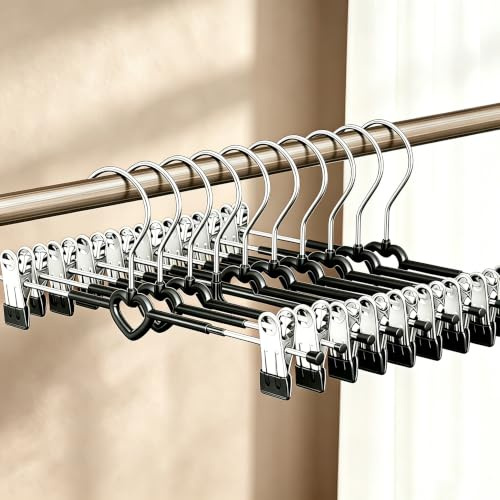 Heavy Duty Trouser Hangers -10Pack Skirt Hangers with Anti-Slip Clips Space Saving Chrome Coat Hangers Rack for Trousers Bottoms Jeans Slacks Pants