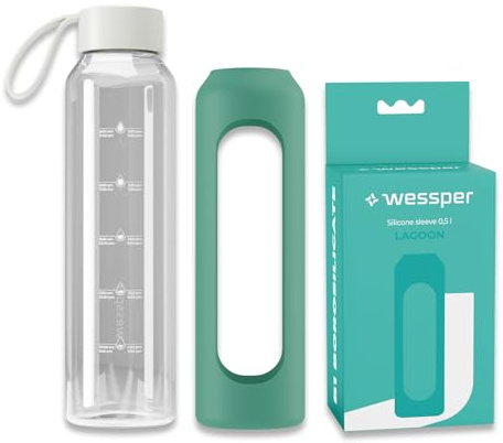 Wessper Borraccia in vetro con rivestimento in silicone, borraccia in vetro borosilicato con indicazione del tempo 500 ml, borraccia sportiva Ideale per fitness, scuola, sport, bambini – Laguna