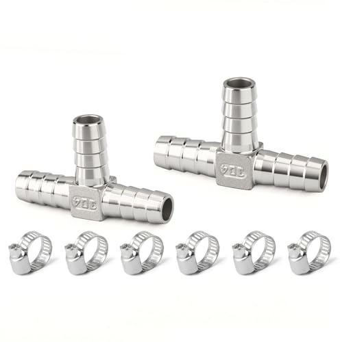 GORAGUCHI 2PCS 304 Stainless Steel 3 Way Tee T Shape 1/2 Hose Barb Fittings, with 6PCS Hose Clamp, for Fuel/Air/Water/Gas/Oil