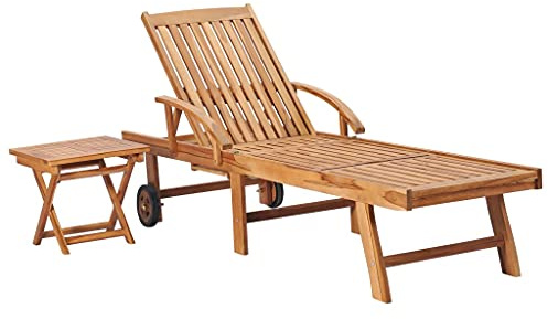 Generico Lettino Prendisole con Tavolo e Cuscino in Massello di Teak,Beige,22.86kg,3063024