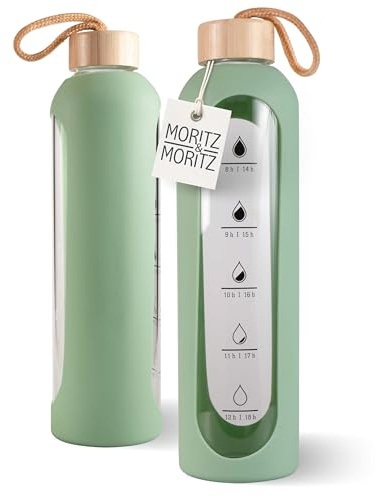 Moritz & Moritz Borraccia in vetro da 1000 ml, a prova di perdite, per sport, scuola, università o lavoro, con custodia protettiva in silicone – inclusa scala motivazionale – con coperchio in bambù
