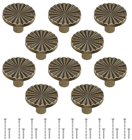 BJHYIZ 10 Pcs Brass Cabinet Knobs, Antique Copper Round Cupboard Door Knobs Zinc Alloy Dresser Wardrobe Knob 30mm Vintage Drawer Handles Pulls with 20 Screws for Kitchen Furniture