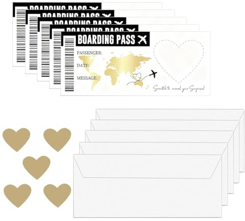 5 Pcs Surprise Travel Reveal Card Kit, Scratch Card Reveal Set, Personalised Boarding Pass & Surprise Trip Ticket Scratch-Off Cards with Envelopes, Holiday Trip Announcement Gift