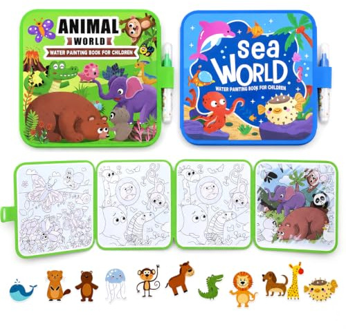 Lethra 2PCS Mess Free Water Painting Book, Reusable Water Colouring Books with Water Pens, Magic Aqua Art Water Drawing Kit Water Paint Color Book for Kids Boys Girls (Animal + Underwater World)