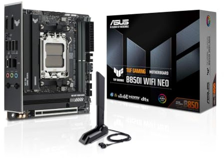 ASUS TUF Gaming B850I WiFi NEO AM5 Mini ITX Motherboard, DDR5, DIMM Fit, WiFi 6E, 2.5Gb LAN, PCIe 5.0, 2X M.2, 2X USB-C, AI Cooling II, Pre-Mounted I/O Shield, SFF PC