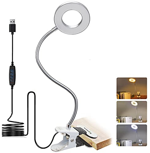 Skymore Clip on Light -3 Color Modes&10 Brightness LED Reading Desk Light with Clamp Flexible Gooseneck Book Light for Kids' Bedtime Reading, Zoom Meetings, Clip on Table, Headboard, Dorm&Office Use