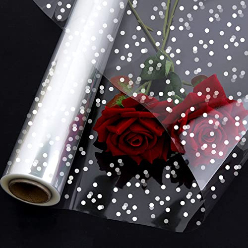 iLovepaper Klare Geschenkfolie Transparent, große Größe 84CM x 35M, Folie Geschenkpapier Transparent, Durchsichtiges Geschenkpapier Cellophanfolie für Geschenkkörben, Strauß (Weiße Punkte)