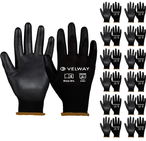 Velway 12 Paar Arbeitshandschuhe Mechaniker Handschuhe - Größe 9 Leichte Damen Gartenhandschuhe Rutschfeste mit PU-Beschichtete Herren Montagehandschuhe Atmungsaktive Handschuhe EN388 - Schwarz