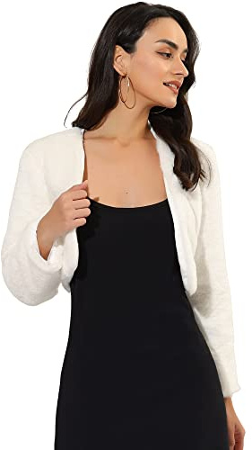 Allegra K Veste Courte Femme en Fausse Fourrure Boléro en Peluche à Devant Ouvert Sans Col à Manches Longues Manteau Court Hiver