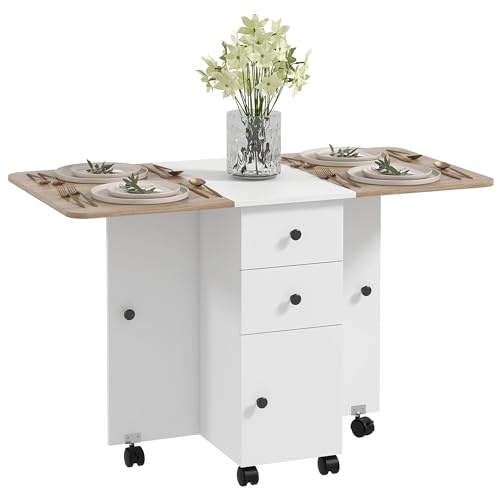 HOMCOM Table de Cuisine Pliable 2 Tiroirs 120 x 60 x 76,5 cm Blanc Chêne