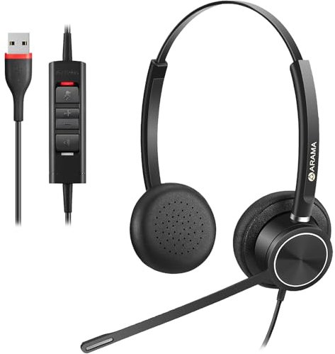 Arama USB Headset with Microphone, PC Headphones with Mic Noise Cancelling, Wired Computer Headset for Laptop Softphone Microsoft Teams Zoom Skype Chat Office Call Center Business Online Class