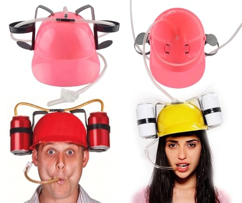 SZHXVIVISY Creative soda beer drinking helmet lazy drink drinking hat for sports events beer cap with hose and can holder hands free party drink dispenser (Pink)