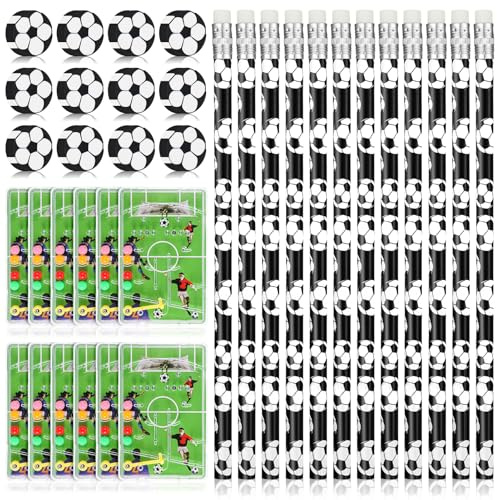 taonganui 36 Stück Fußball Bleistifte mit Radiergummi und 12 Stück Fußball Flipperspiel Set Thema Bleistiftanzug Mitgebsel Radiergummi Bleistifte für Kindergeburt