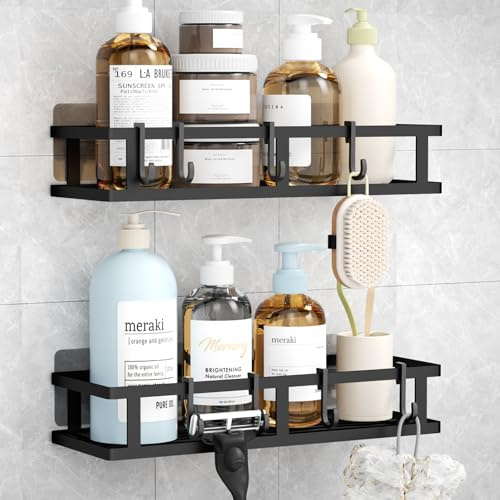 Wisfame Estanteria Ducha sin Taladro, 2 Piezas Estanteria Baño Pared en Acero Inoxidable, Negro Organizador Baño Estante Ducha para Champú y Gel con 8 Ganchos