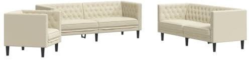 vidaXL Chesterfield Sofa Set 3-TLG., Sofagarnitur mit Kissen, Sitzgruppe für Wohnzimmer, Polstersofa Couch Sessel, Creme Kunstleder