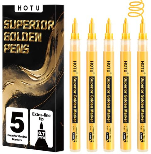HOTU Gold Acrylstifte, 5 Supergoldene Metallic Effect Acrylstifte auf Wasserbasis extra fein 0,7 mm, goldene Acrylmarkierungen für Keramik, Holz, Leinwand, Textilien ect
