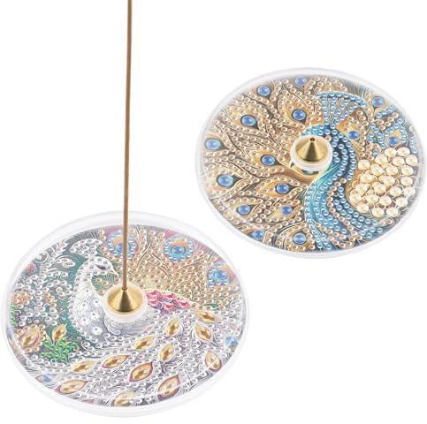 DCIDBEI 2 Pack Diamond Painting Ciotola per Incenso Pittura a Diamante 10cm Set per Mosaico Porta Incenso per Adulti Supporto Per Incenso Vassoio per Incenso Bruciatore Pavone