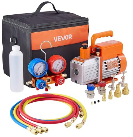 VEVOR-vakuumpump, 113 l/min, enstegig, skruvrotors-HVAC-vakuumpump, A/C-kylmedelsfördelare och manometerkit med väska, passar kylmedel R134a, R22, R410a och R1234YF
